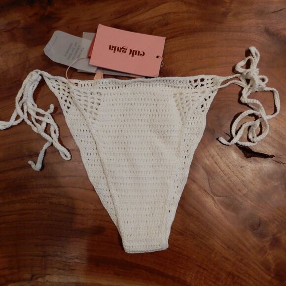 Cult Gaia Bellona Crochet Bikini Bottom Size L White Cheeky Ties Sides NEW $148 - Picture 3 of 7